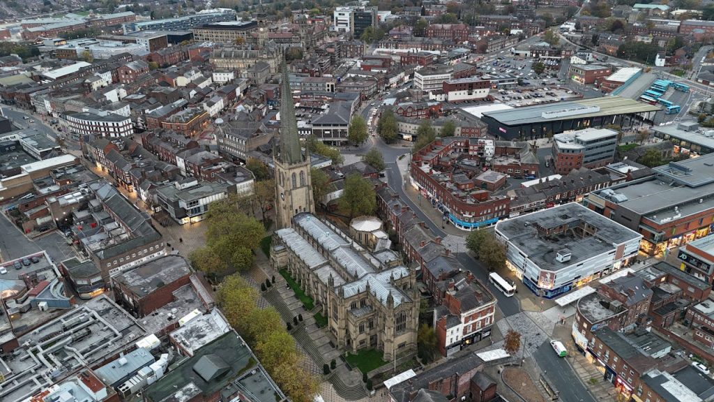 An aerial view of the city of Wakefield