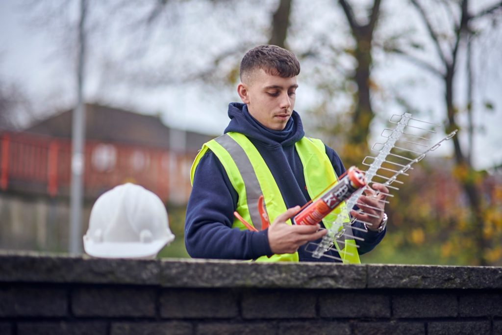 Technician installing bird spikes