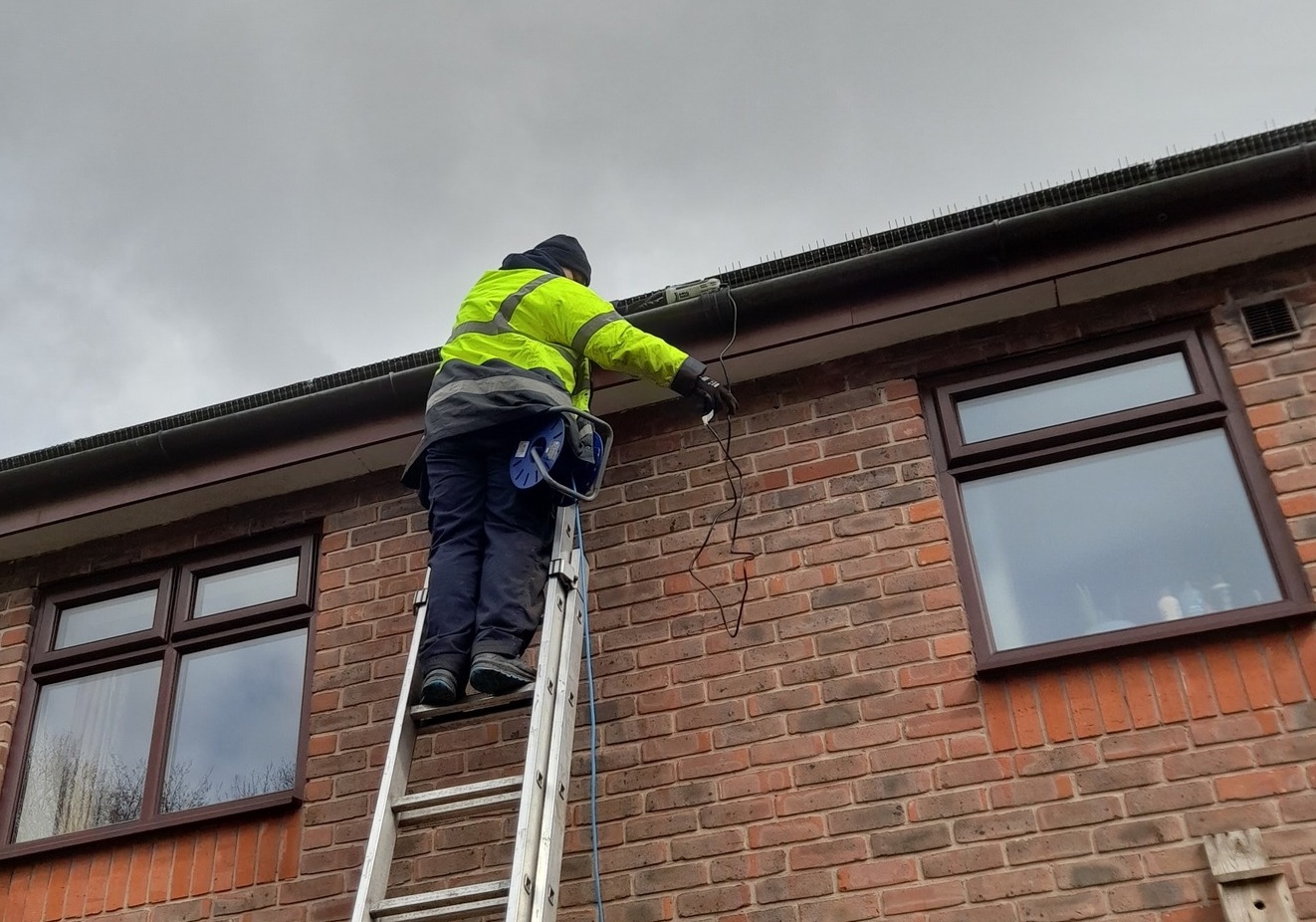 Technician in a yellow high-vis jacket installing bird proofing