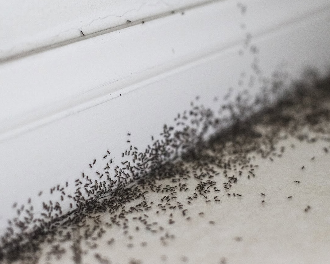 Ants on a white skirting boards